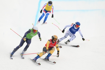 Marielle Berger Sabbatel au pied du podium en skicross